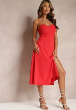 Czerwona Rozkloszowana Sukienka Midi z Rozcięciem na Ramiączkach Josine