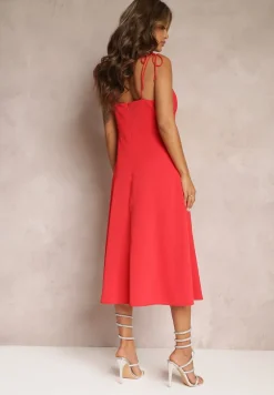 Czerwona Rozkloszowana Sukienka Midi z Rozcięciem na Ramiączkach Josine