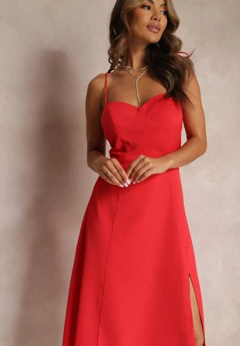 Czerwona Rozkloszowana Sukienka Midi z Rozcięciem na Ramiączkach Josine