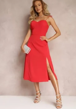 Czerwona Rozkloszowana Sukienka Midi z Rozcięciem na Ramiączkach Josine