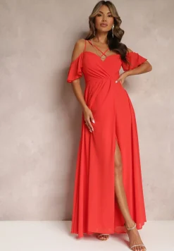 Czerwona Rozkloszowana Sukienka Maxi o Kopertowym Fasonie na Cienkich Ramiączkach Burwena
