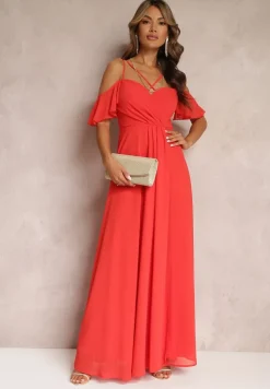 Czerwona Rozkloszowana Sukienka Maxi o Kopertowym Fasonie na Cienkich Ramiączkach Burwena