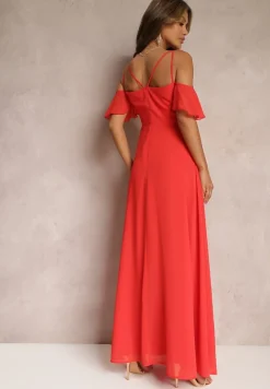 Czerwona Rozkloszowana Sukienka Maxi o Kopertowym Fasonie na Cienkich Ramiączkach Burwena