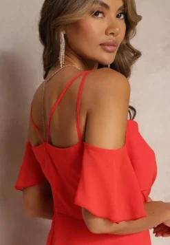 Czerwona Rozkloszowana Sukienka Maxi o Kopertowym Fasonie na Cienkich Ramiączkach Burwena