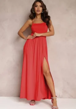 Czerwona Rozkloszowana Sukienka Maxi na Cienkich Ramiączkach z Rozporkiem Weslyn