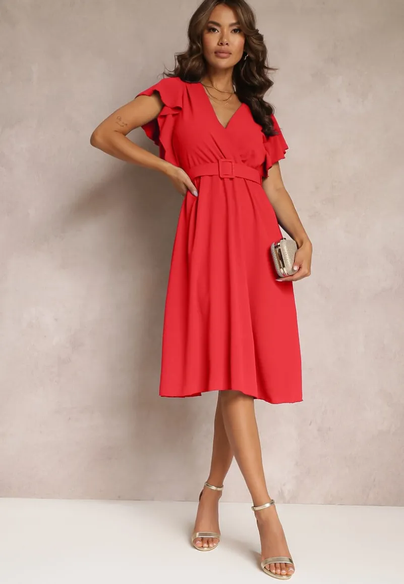 Czerwona Rozkloszowana Sukienka z Paskiem i Kopertowym Dekoltem Brinea