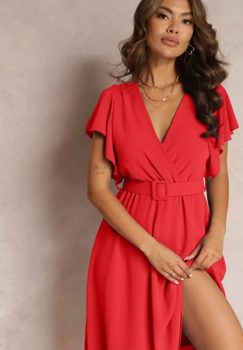 Czerwona Rozkloszowana Sukienka z Paskiem i Kopertowym Dekoltem Brinea