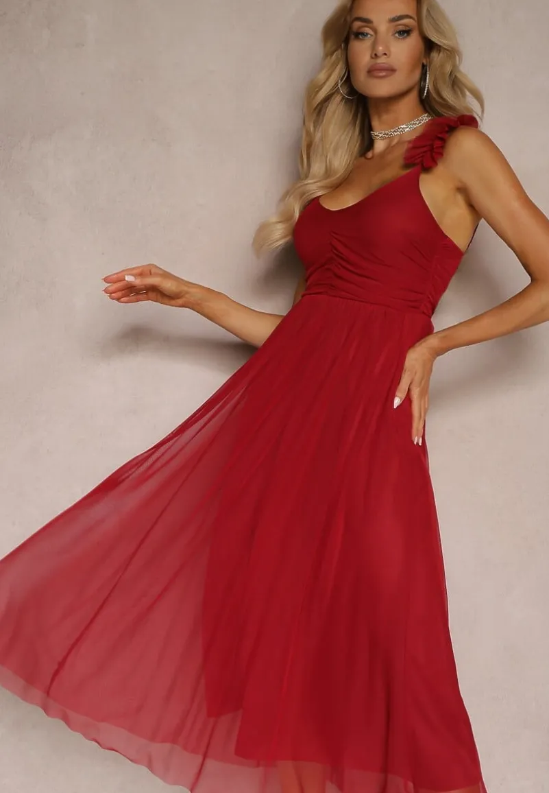 Czerwona Rozkloszowana Sukienka na Ramiączkach z Gumką w Pasie z Falbankami Zafara