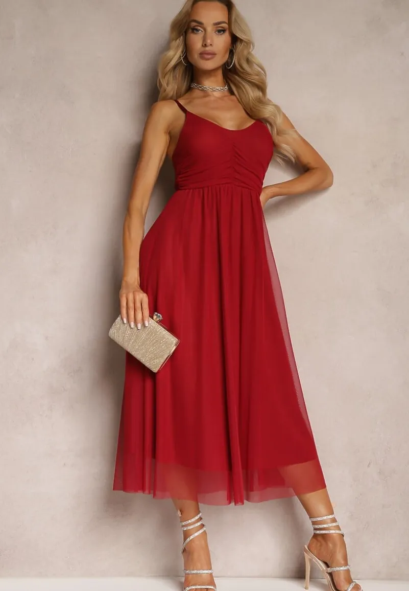 Czerwona Rozkloszowana Sukienka na Ramiączkach z Gumką w Pasie z Falbankami Zafara