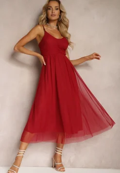 Czerwona Rozkloszowana Sukienka na Ramiączkach z Gumką w Pasie z Falbankami Zafara