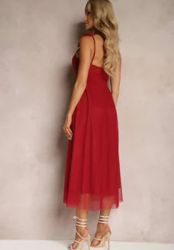 Czerwona Rozkloszowana Sukienka na Ramiączkach z Gumką w Pasie z Falbankami Zafara