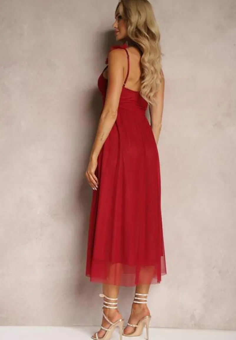 Czerwona Rozkloszowana Sukienka na Ramiączkach z Gumką w Pasie z Falbankami Zafara