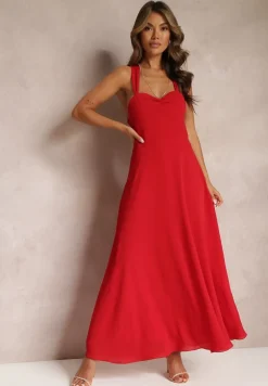 Czerwona Rozkloszowana Sukienka Koktajlowa Wiązana na Plecach Malori