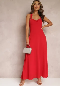 Czerwona Rozkloszowana Sukienka Koktajlowa Wiązana na Plecach Malori