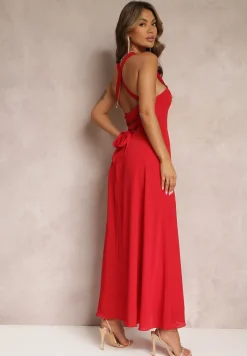 Czerwona Rozkloszowana Sukienka Koktajlowa Wiązana na Plecach Malori