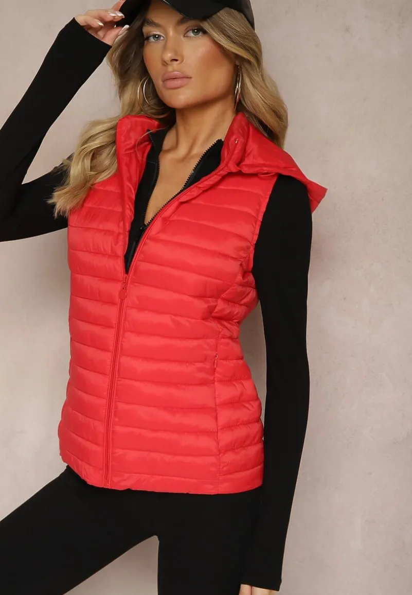 Czerwona Rozpinana Kamizelka Pikowana z Odpinanym Kapturem i Kieszeniami Arkathia