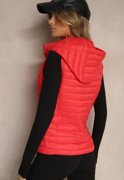 Czerwona Rozpinana Kamizelka Pikowana z Odpinanym Kapturem i Kieszeniami Arkathia