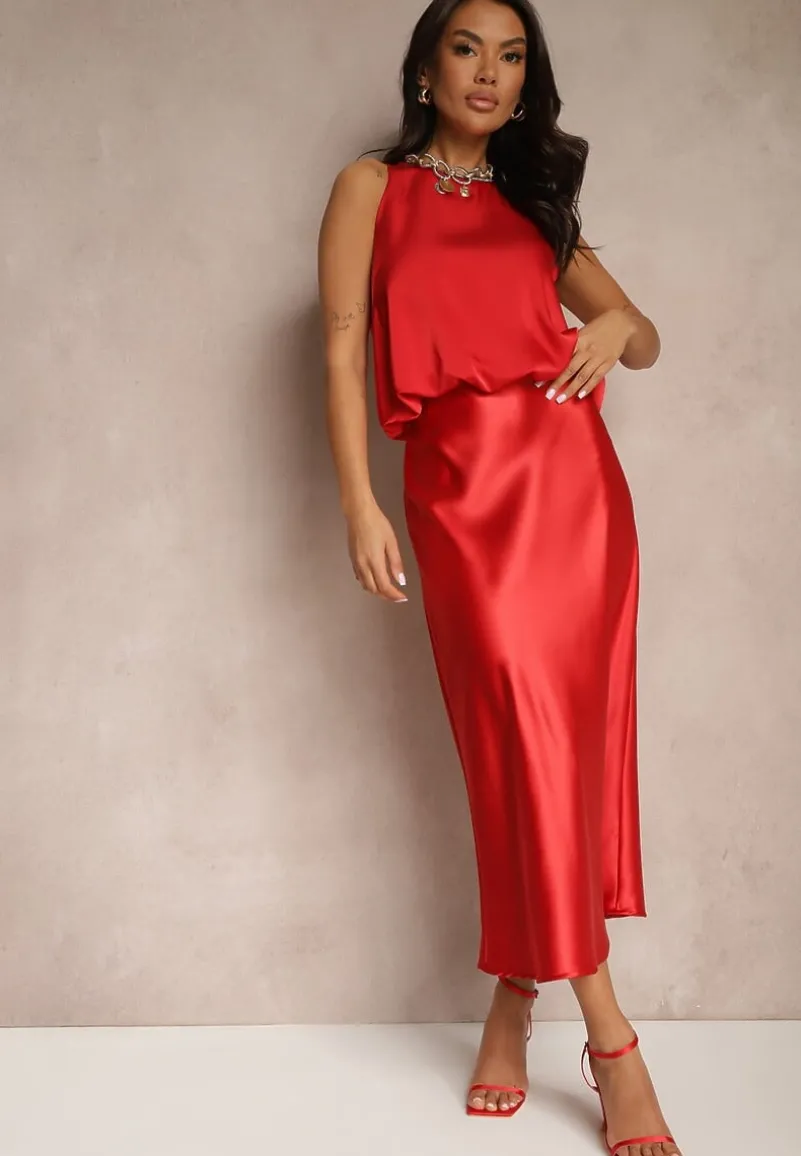 Czerwona Spódnica Satynowa High Waist Pillizze
