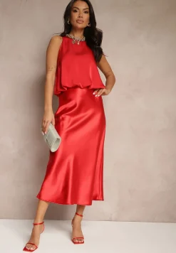 Czerwona Spódnica Satynowa High Waist Pillizze