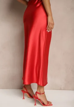 Czerwona Spódnica Satynowa High Waist Pillizze