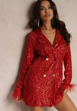 Czerwona Sukienka Mini o Kroju Marynarki z Cekinami i Piórkami na Rękawach Zake