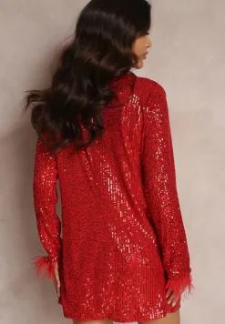 Czerwona Sukienka Mini o Kroju Marynarki z Cekinami i Piórkami na Rękawach Zake