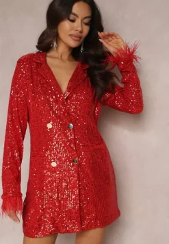 Czerwona Sukienka Mini o Kroju Marynarki z Cekinami i Piórkami na Rękawach Zake