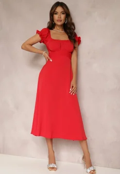 Czerwona Sukienka o Rozkloszowanym Kroju z Wiązaniem Perolis