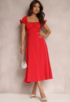 Czerwona Sukienka o Rozkloszowanym Kroju z Wiązaniem Perolis