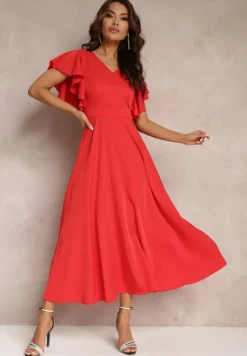 Czerwona Sukienka o Rozkloszowanym Kroju z Falbanami Bouchard