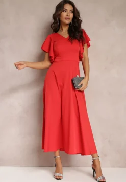 Czerwona Sukienka o Rozkloszowanym Kroju z Falbanami Bouchard