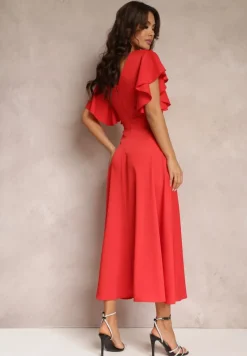 Czerwona Sukienka o Rozkloszowanym Kroju z Falbanami Bouchard
