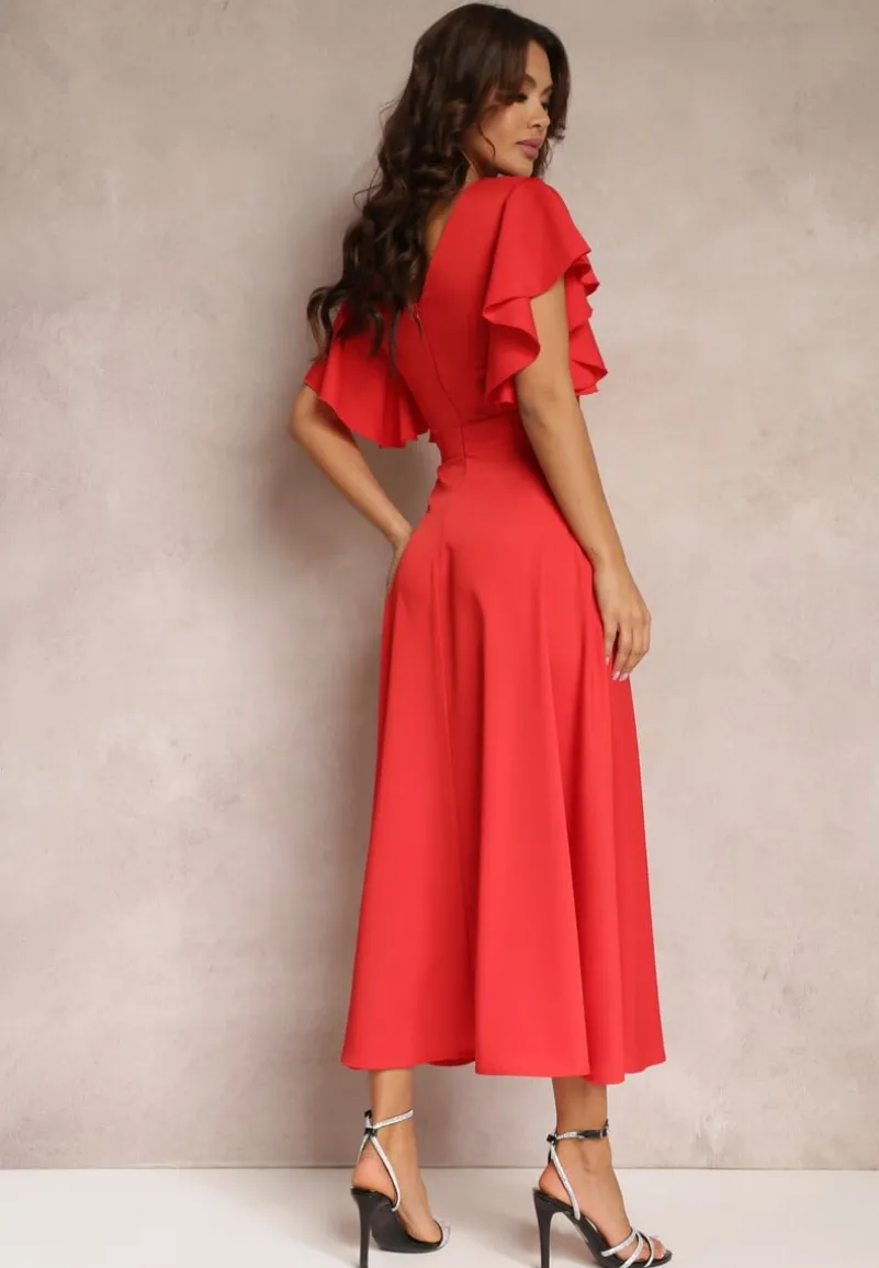 Czerwona Sukienka o Rozkloszowanym Kroju z Falbanami Bouchard