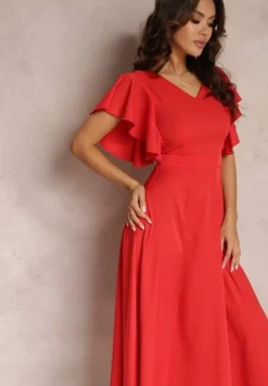 Czerwona Sukienka o Rozkloszowanym Kroju z Falbanami Bouchard