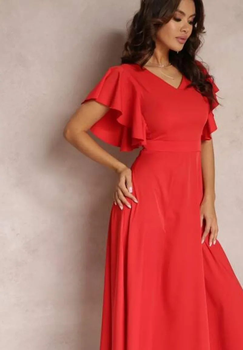 Czerwona Sukienka o Rozkloszowanym Kroju z Falbanami Bouchard