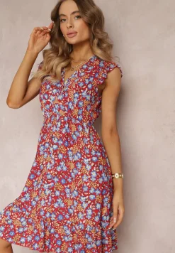 Czerwona Sukienka Rozkloszowana w Kwiaty z Wiskozy Selesima