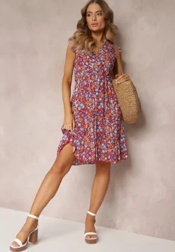 Czerwona Sukienka Rozkloszowana w Kwiaty z Wiskozy Selesima