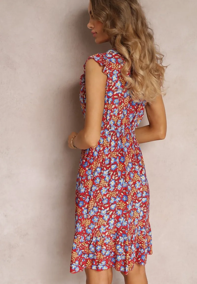 Czerwona Sukienka Rozkloszowana w Kwiaty z Wiskozy Selesima