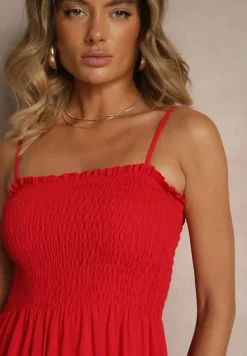 Czerwona Sukienka z Bawełny na Ramiączkach o Rozkloszowanym Kroju z Marszczoną Górą Christten