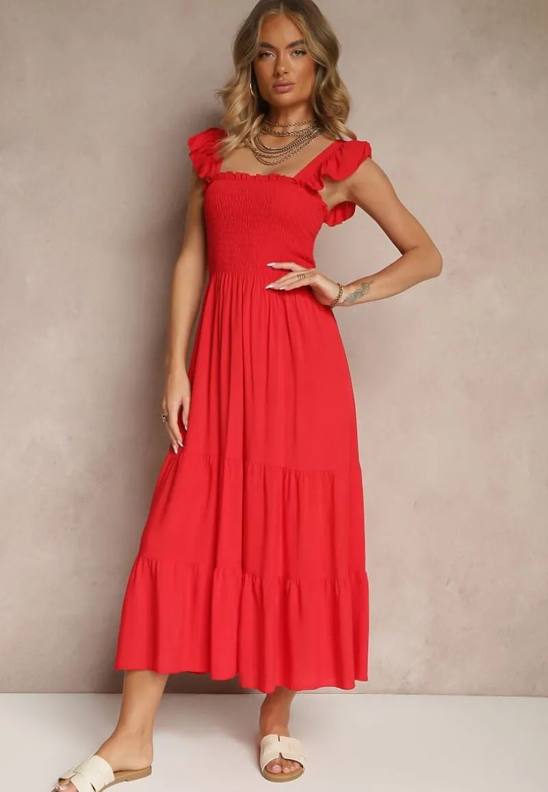 Czerwona Sukienka z Bawełny w Panterkowy Print o Koszulowym Kroju Wiązana w Pasie Inoraelis