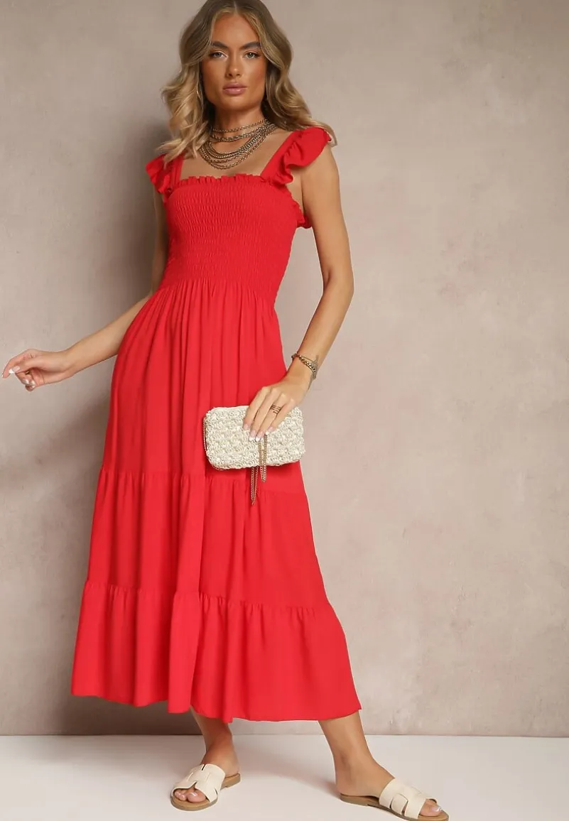 Czerwona Sukienka z Bawełny w Panterkowy Print o Koszulowym Kroju Wiązana w Pasie Inoraelis