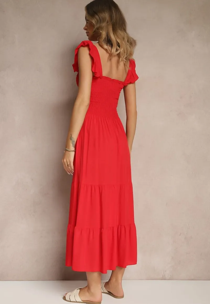 Czerwona Sukienka z Bawełny w Panterkowy Print o Koszulowym Kroju Wiązana w Pasie Inoraelis