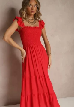 Czerwona Sukienka z Bawełny w Panterkowy Print o Koszulowym Kroju Wiązana w Pasie Inoraelis