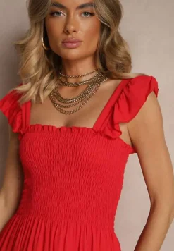 Czerwona Sukienka z Bawełny w Panterkowy Print o Koszulowym Kroju Wiązana w Pasie Inoraelis