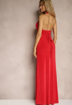 Czerwona Sukienka z Dekoltem Halter i Marszczeniem w Kształcie Róży Tarithia