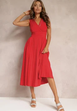 Czerwona Sukienka z Kopertowym Dekoltem i Plisowanym Dołem Anamarie