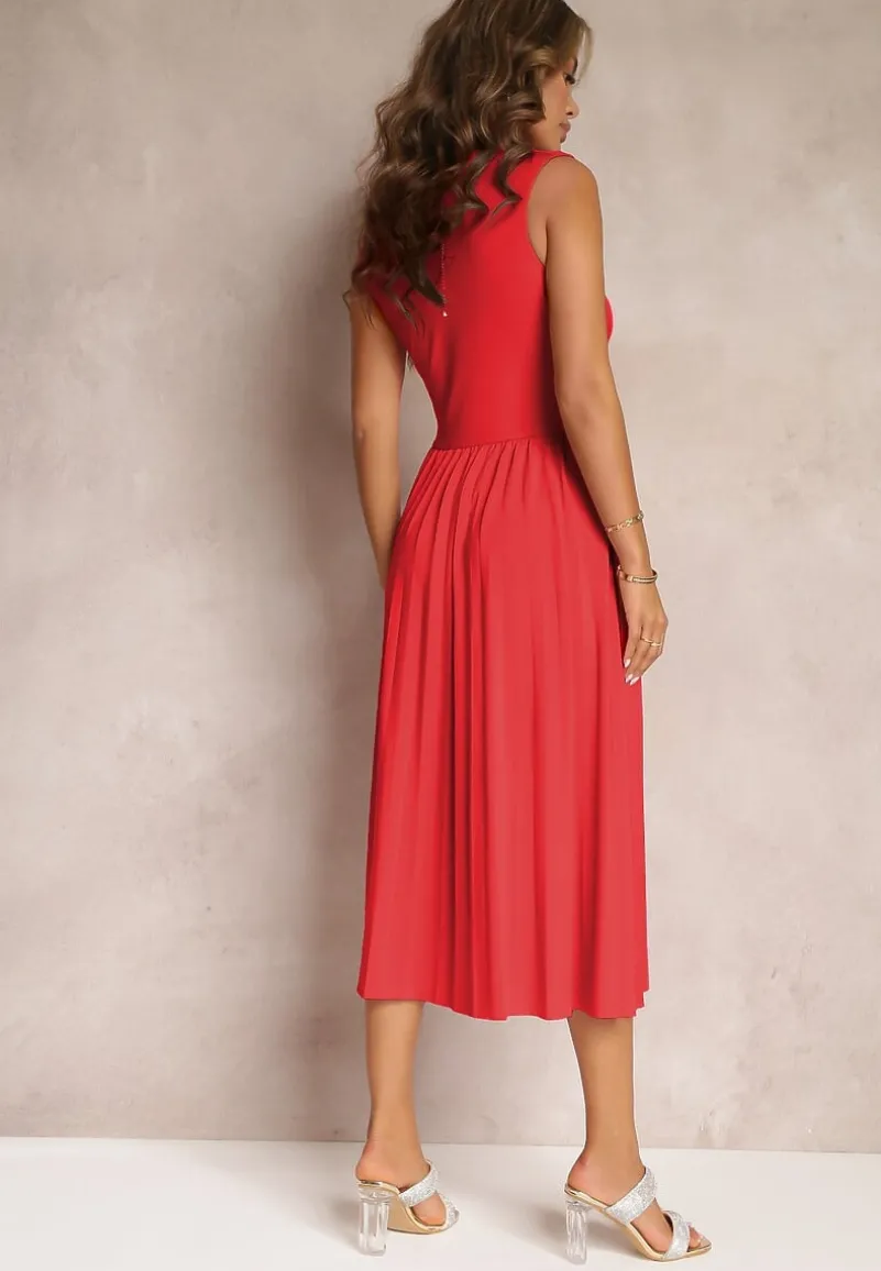 Czerwona Sukienka z Kopertowym Dekoltem i Plisowanym Dołem Anamarie