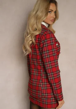 Czerwona Taliowana Marynarka Dwurzędowa z Wiskozą w Kratę Deliane
