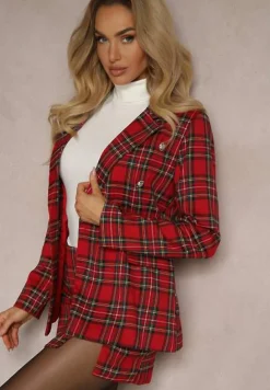 Czerwona Taliowana Marynarka Dwurzędowa z Wiskozą w Kratę Deliane