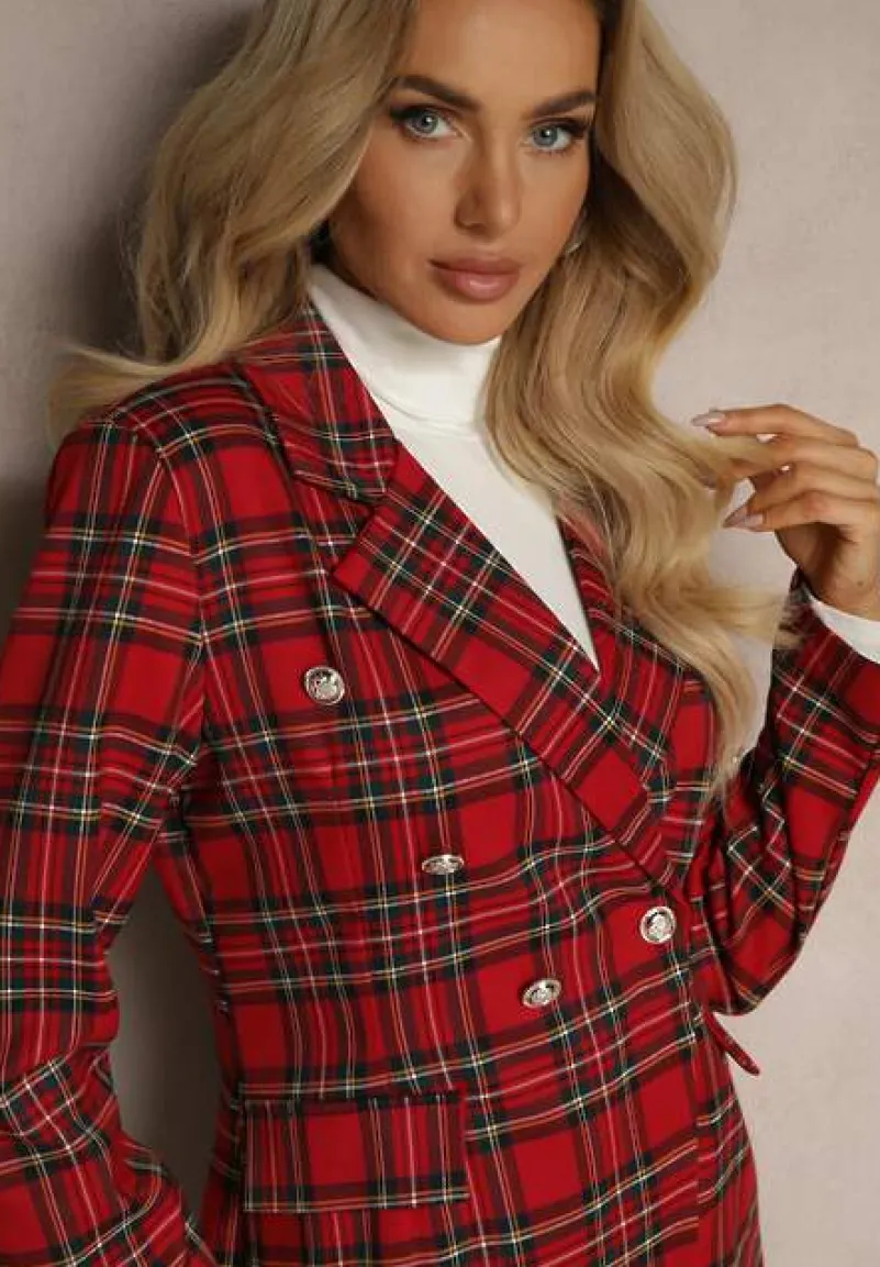 Czerwona Taliowana Marynarka Dwurzędowa z Wiskozą w Kratę Deliane